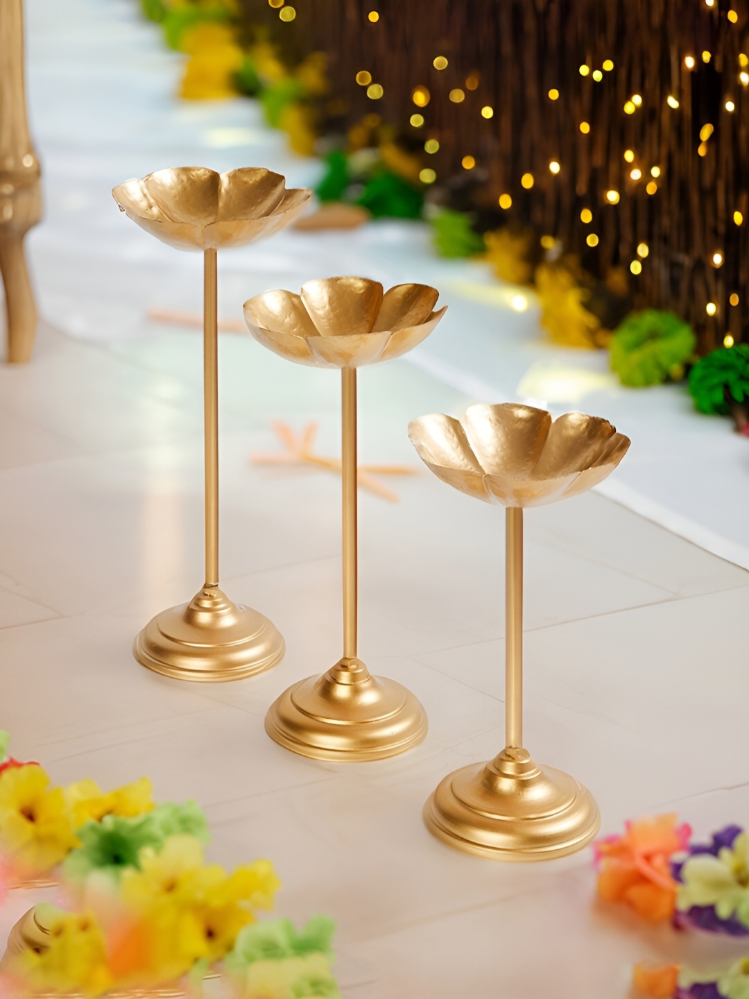 ARVALLEY Gold Toned 3 Pieces Floral Decorative Candle Holder