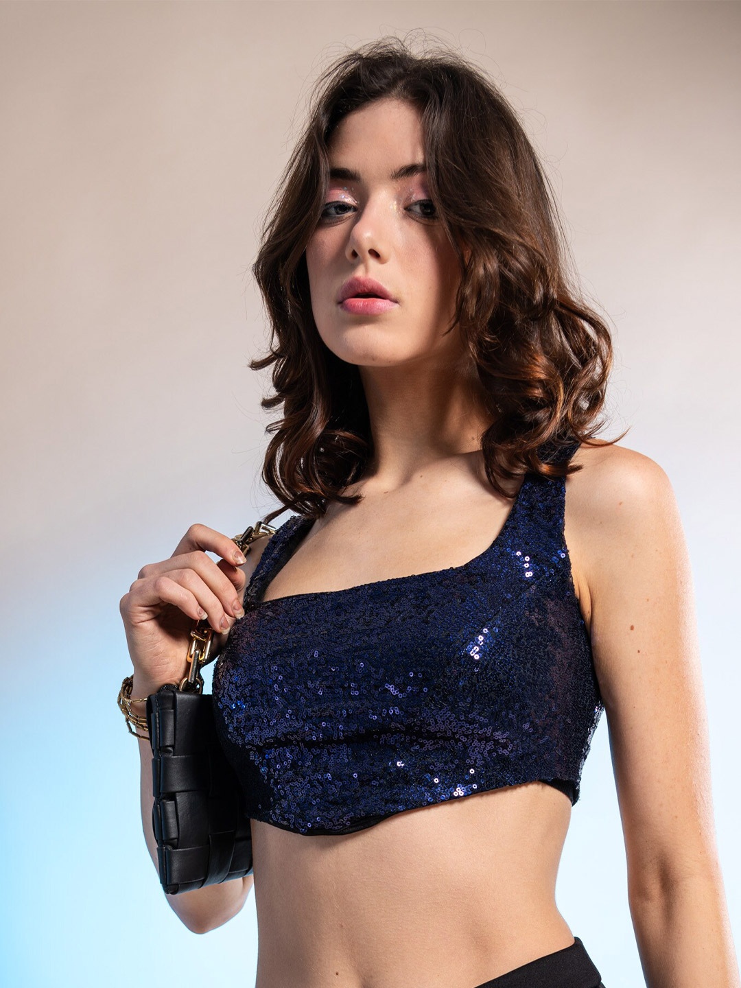 Stylecast X Hersheinbox Blue Sequinned Embellished Crop Top