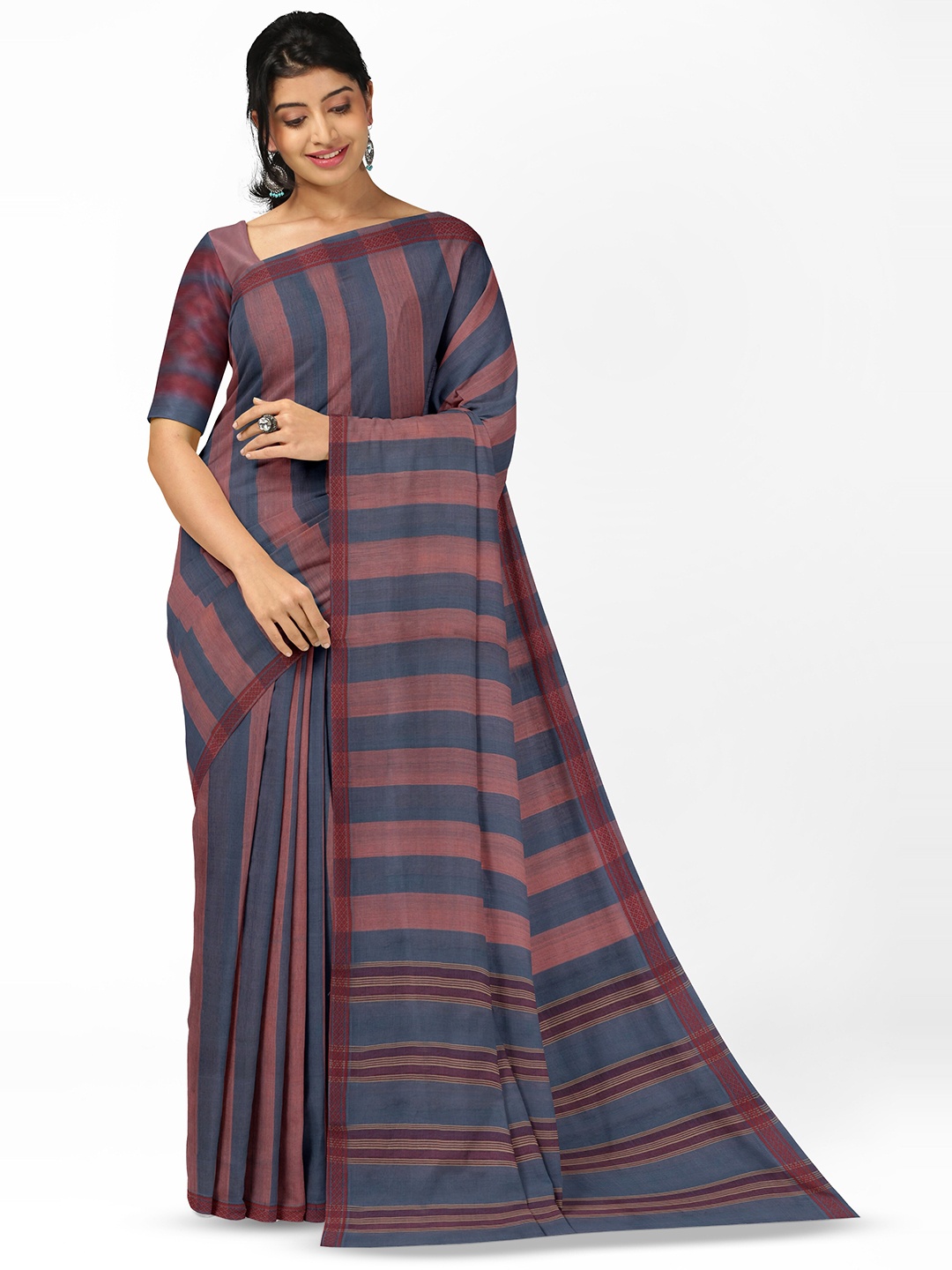 APCO Striped Pure Cotton Saree, Blue