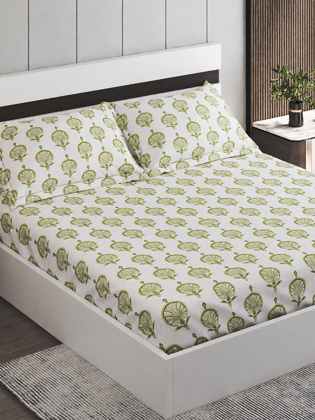 Home Centre White & Green Printed Fitted Cotton 150 TC Queen Bedsheet With 2 Pillow Covers
Home Centre White & Green Printed Fitted Cotton 150 TC Queen Bedsheet With 2 Pillow Covers