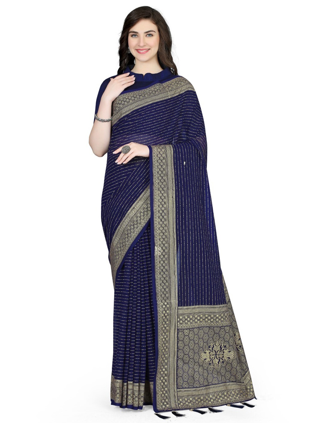 ZEEPKART Striped Woven Design Zari Saree, Blue