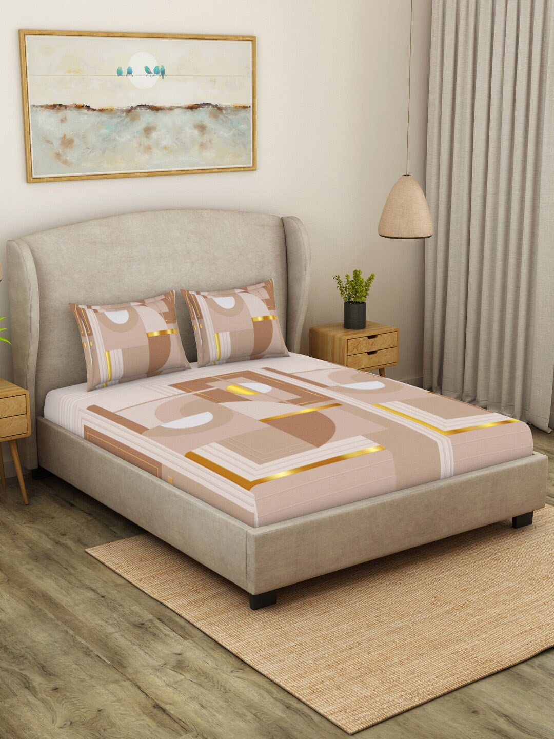 SPACES Canvas Cream & Beige Geometric Cotton 140 TC King Bedsheet with 2 Pillow Covers
SPACES Canvas Cream & Beige Geometric Cotton 140 TC King Bedsheet with 2 Pillow Covers