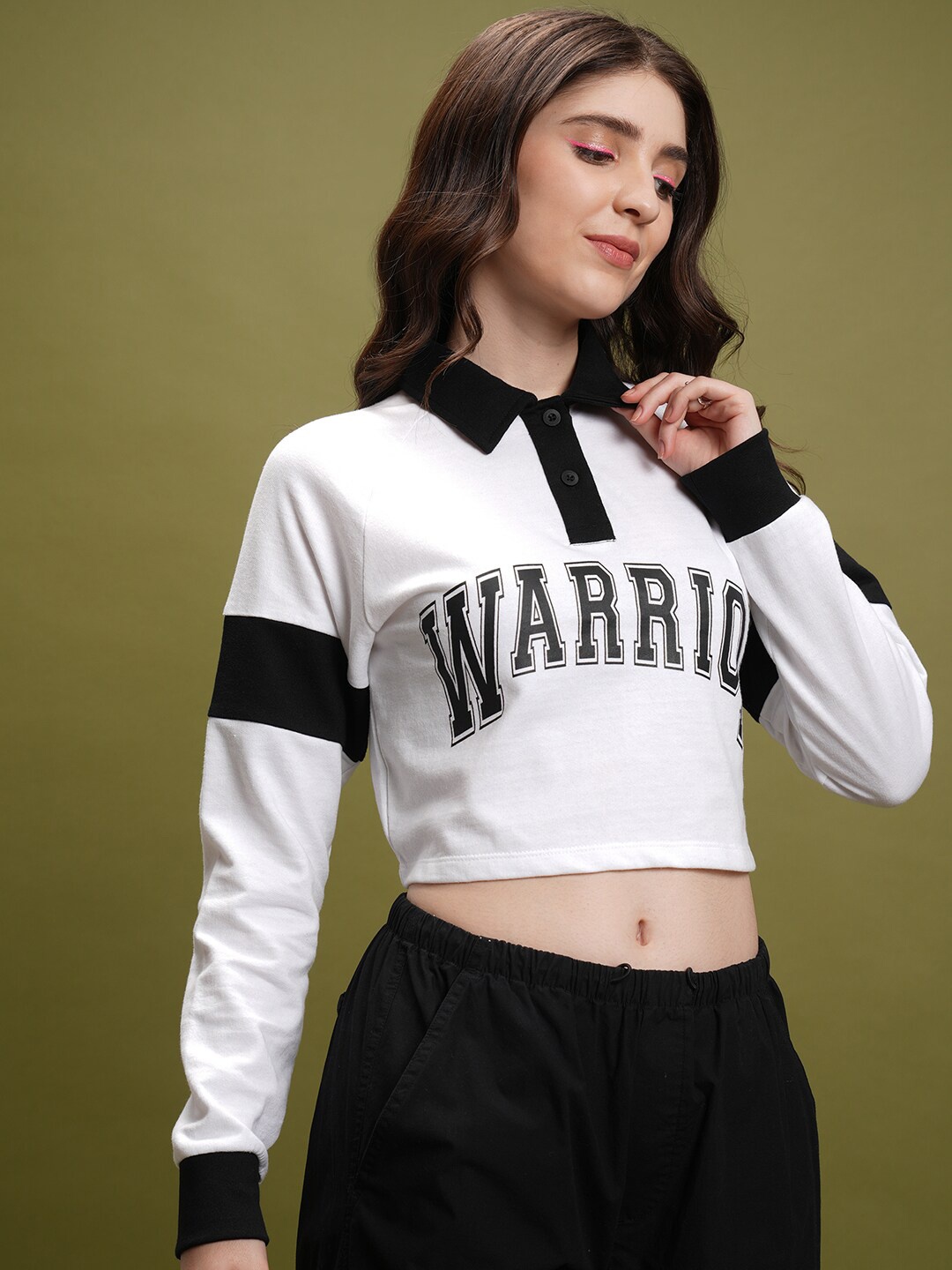 Tokyo Talkies White & Black Typography Printed Polo Collar Relaxed Fit Crop T-shirt