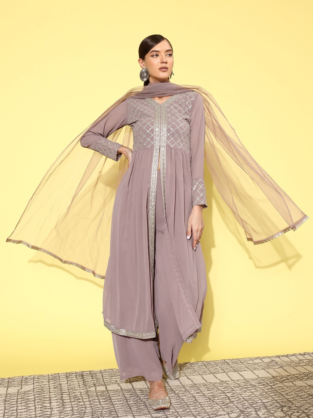 Sangria Floral Embroidered Mirror Work High Slit Kurta With Palazzo & Dupatta, Mauve
Sangria Floral Embroidered Mirror Work High Slit Kurta With Palazzo & Dupatta, Mauve