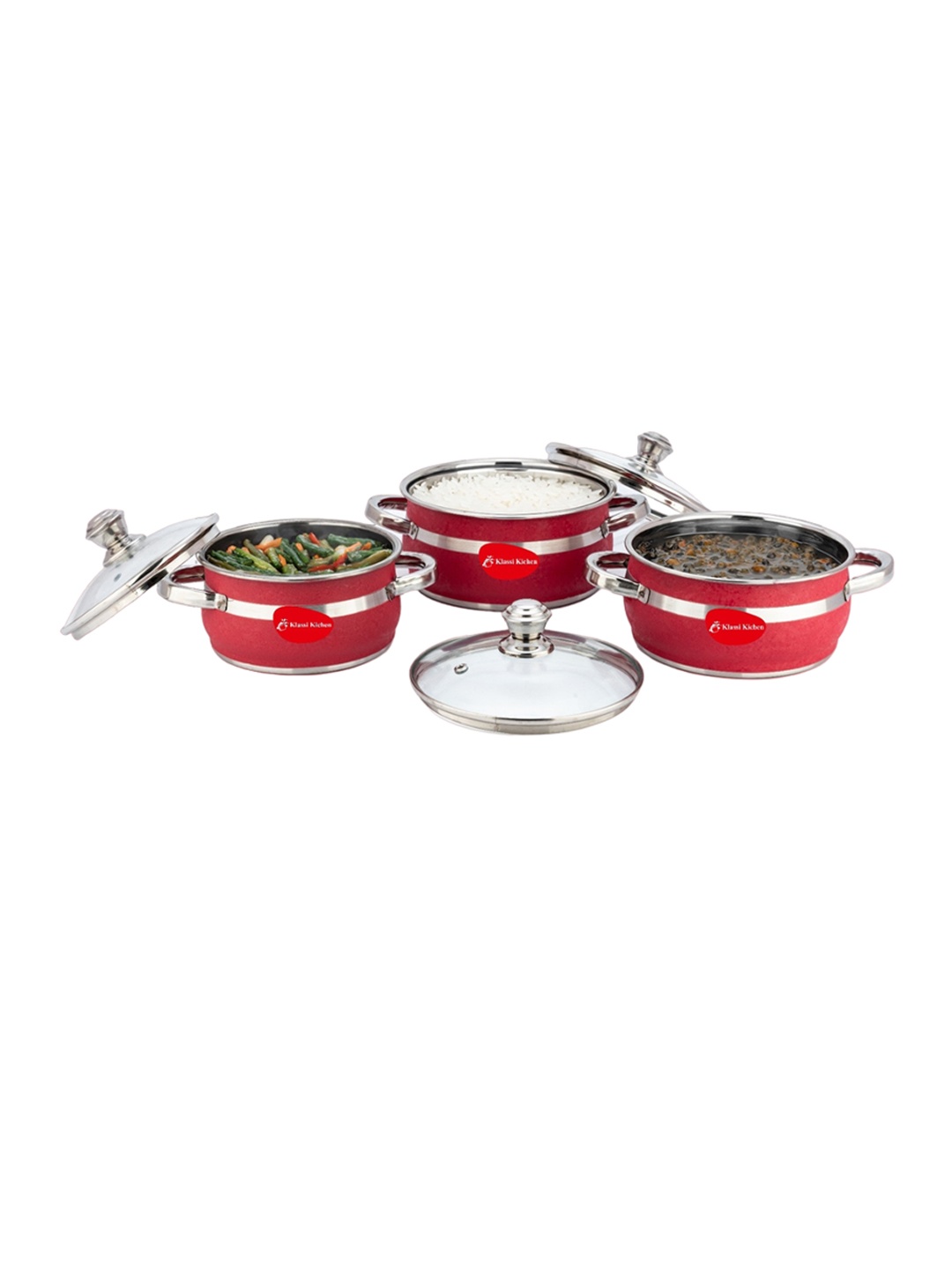 Klassi Kichen 3 Pcs Red Stainless Steel Microwave Safe Cooking Handi wth Glass Lid, Silver
Klassi Kichen 3 Pcs Red Stainless Steel Microwave Safe Cooking Handi wth Glass Lid, Silver