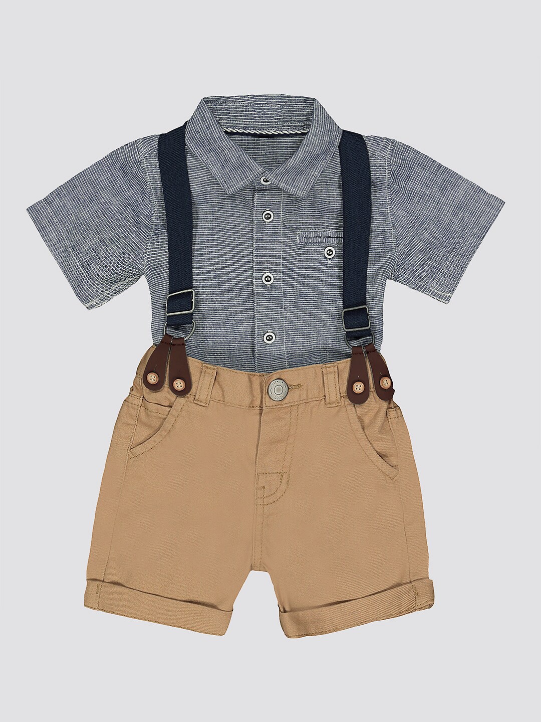 mothercare Boys Striped Pure Cotton Shirt with Shorts, Grey