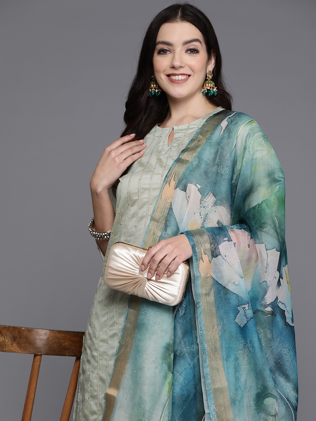 Indo Era Women Striped Regular Sequinned Liva Kurta with Palazzos & With Dupatta, Sea green
Indo Era Women Striped Regular Sequinned Liva Kurta with Palazzos & With Dupatta, Sea green