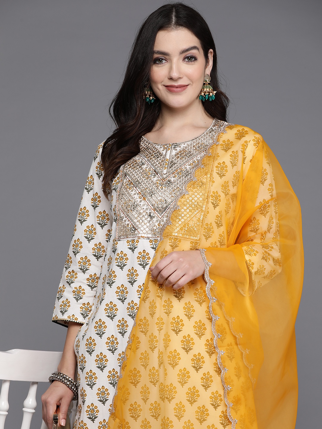 Indo Era Women Floral Embroidered Regular Sequinned Kurta with Palazzos & With Dupatta, Off white
Indo Era Women Floral Embroidered Regular Sequinned Kurta with Palazzos & With Dupatta, Off white