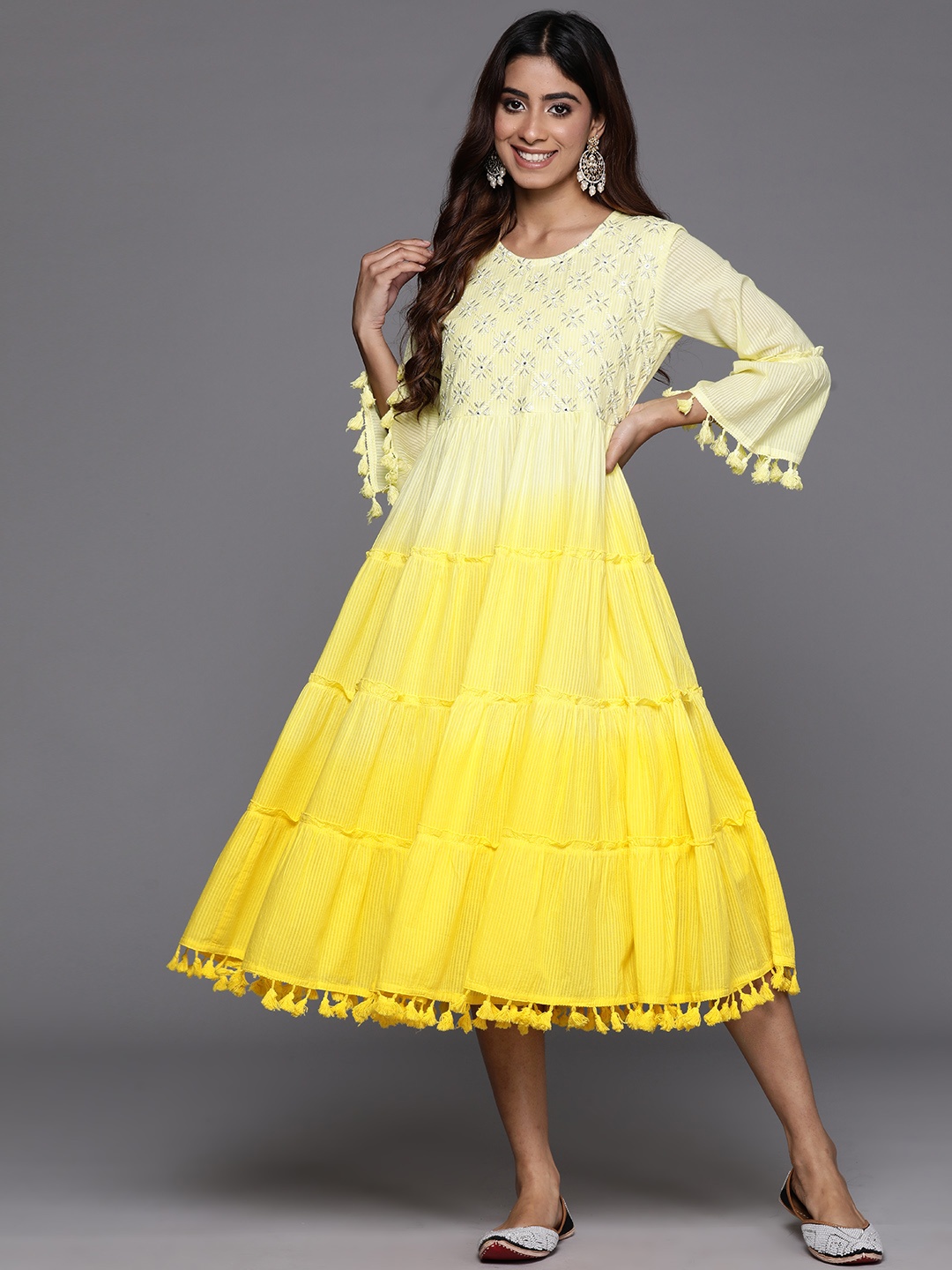 Indo Era Floral Embroidered Bell Sleeves with Pom-Pom Detail A-Line Midi Dress, Yellow
Indo Era Floral Embroidered Bell Sleeves with Pom-Pom Detail A-Line Midi Dress, Yellow