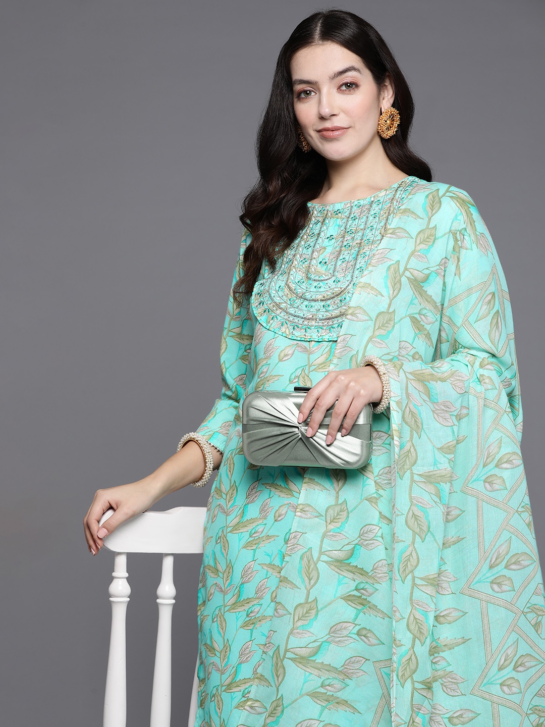 Indo Era Floral Embroidered Sequinned Pure Cotton Kurta with Trousers & Dupatta, Sea green
Indo Era Floral Embroidered Sequinned Pure Cotton Kurta with Trousers & Dupatta, Sea green