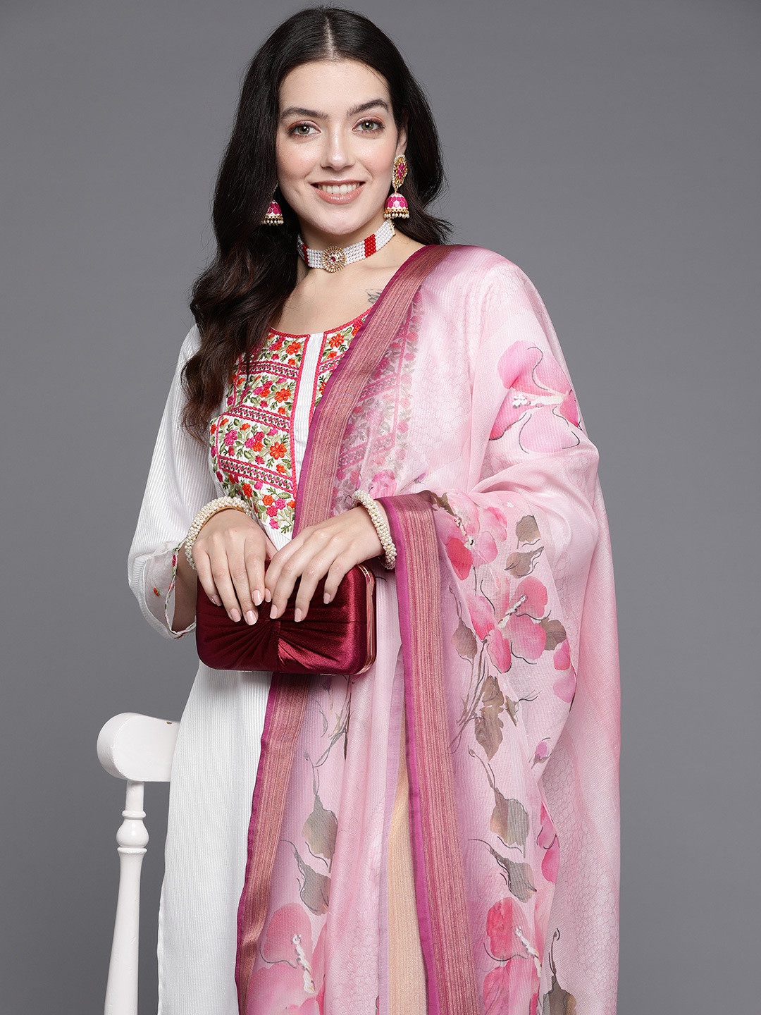 Indo Era Women Floral Embroidered Thread Work Kurta with Trousers & With Dupatta, White
Indo Era Women Floral Embroidered Thread Work Kurta with Trousers & With Dupatta, White
