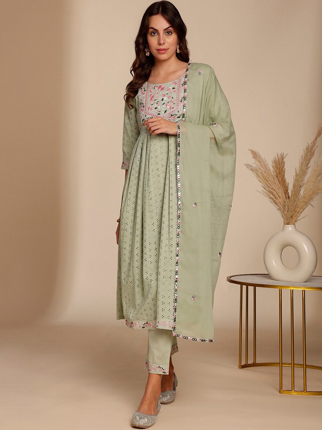 Anouk Green Self Design Thread Work A-Line Pure Cotton Kurta with Trousers & Dupatta
Anouk Green Self Design Thread Work A-Line Pure Cotton Kurta with Trousers & Dupatta