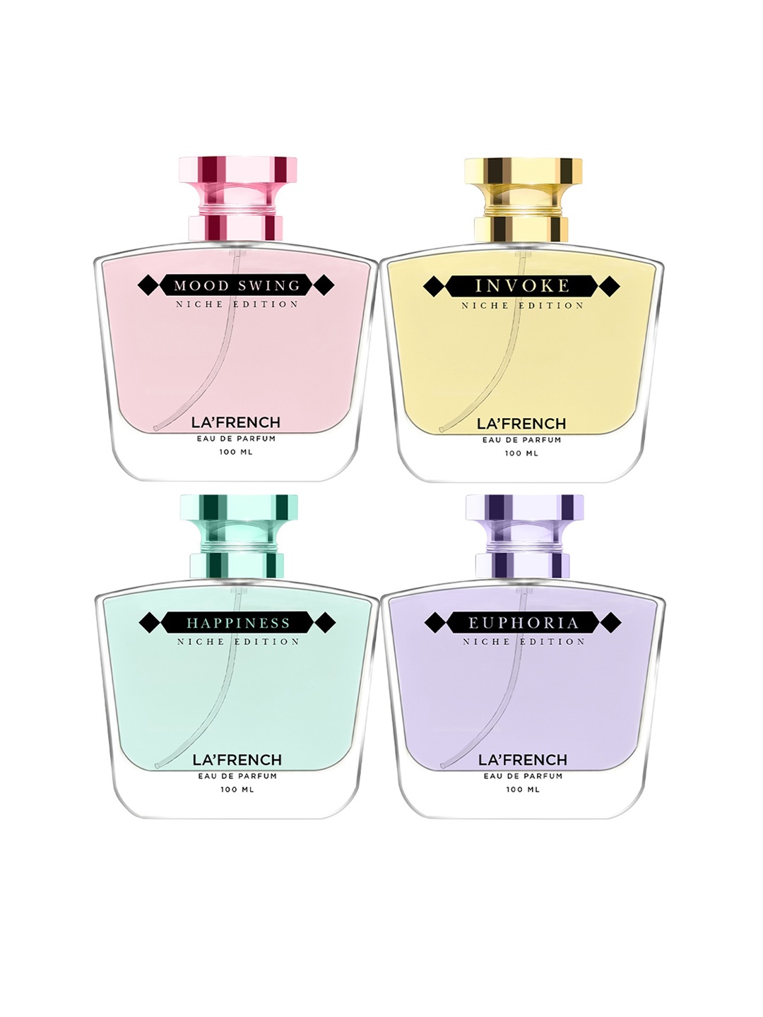 La French Mood Swing-Euphoria-Happiness & Invoke 4-Pcs Eau De Parfum - 100ml Each, Black
La French Mood Swing-Euphoria-Happiness & Invoke 4-Pcs Eau De Parfum - 100ml Each, Black