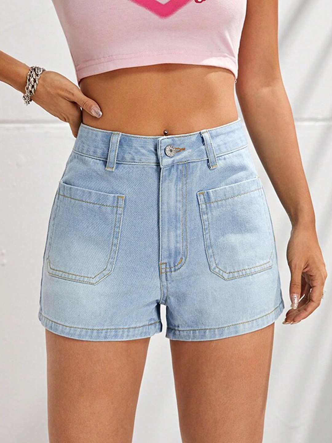 StyleCast Women Blue High-Rise Washed Cotton Denim Shorts