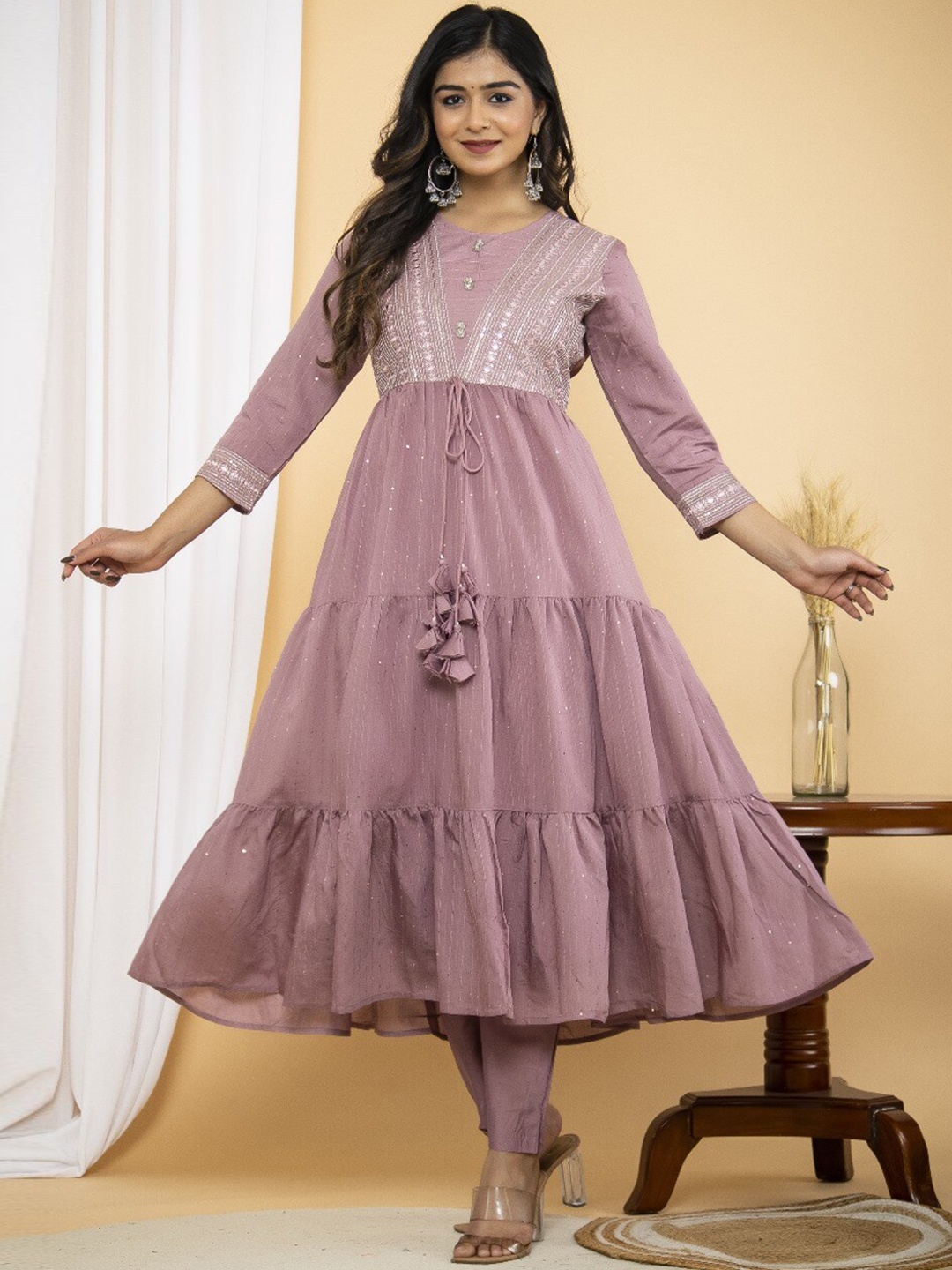 WEAVERS SAGA Anarkali Sequined Pink Pure Cotton Kurta With Trousers & Dupatta, Mauve
WEAVERS SAGA Anarkali Sequined Pink Pure Cotton Kurta With Trousers & Dupatta, Mauve