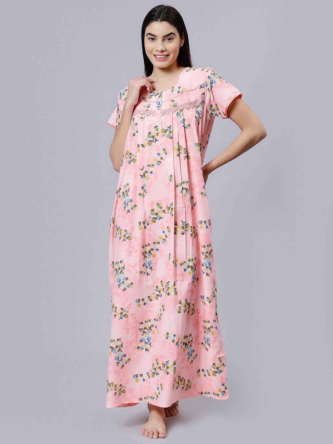 NIGHTSPREE Floral Printed Cotton Maxi Nightdress, Pink