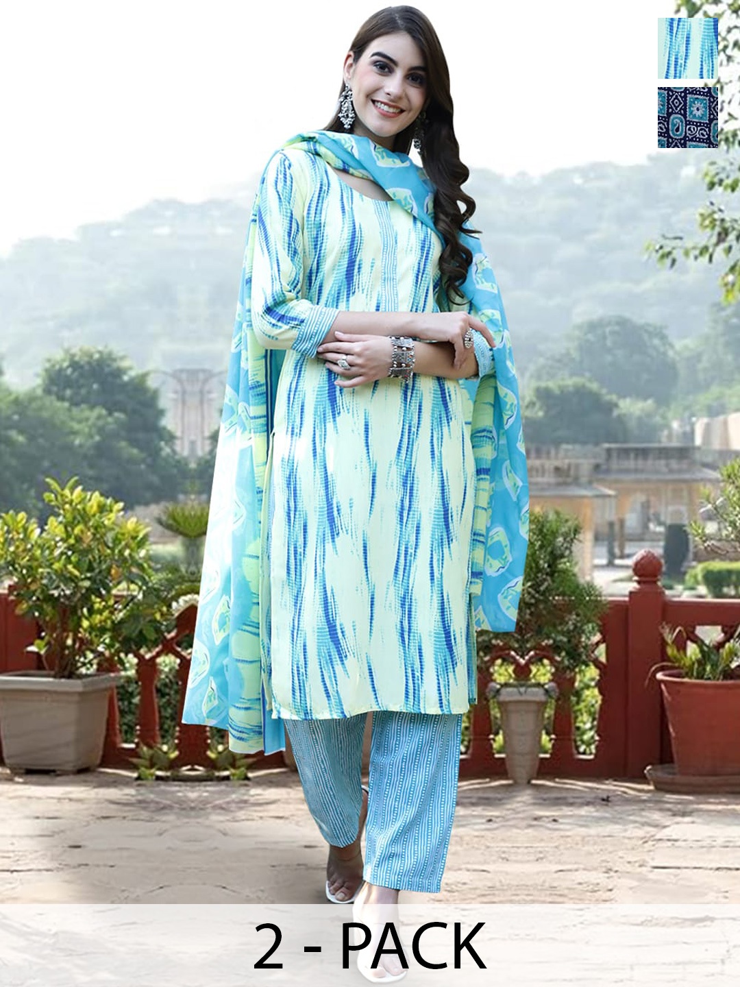 7Threads Selection Of 2 Geometric Printed Pure Cotton Straight Kurta With Trouser & Dupatta, Green
7Threads Selection Of 2 Geometric Printed Pure Cotton Straight Kurta With Trouser & Dupatta, Green