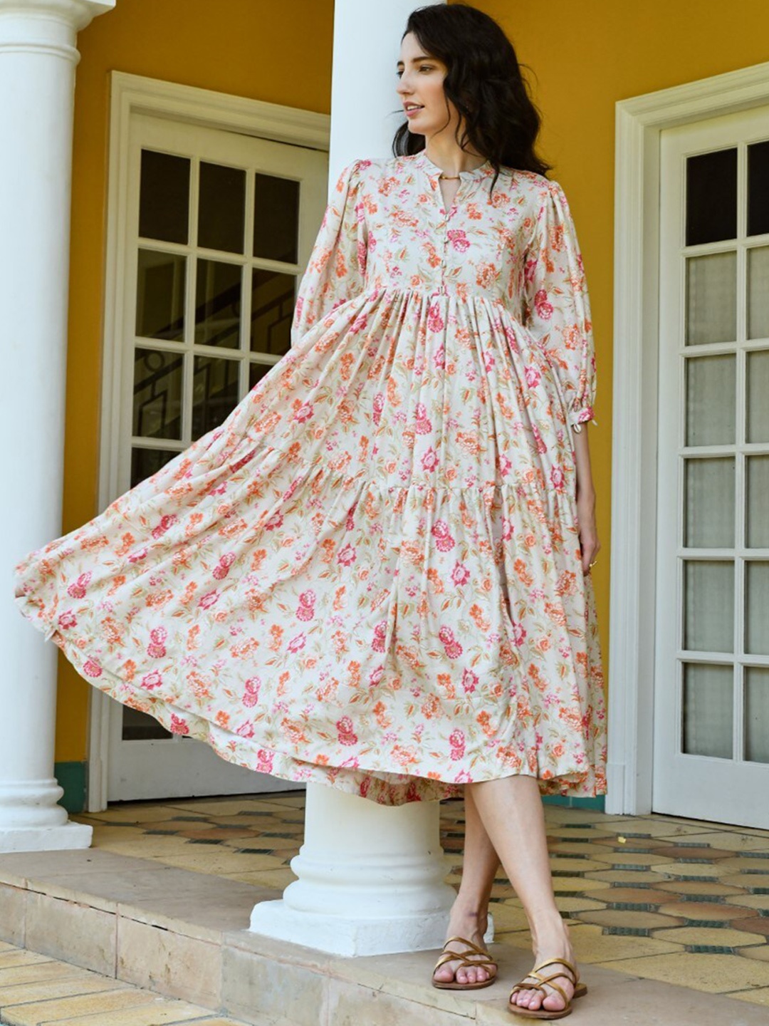KARAJ JAIPUR Floral Printed Mandarin Collar Puff Sleeve Tiered Fit & Flare Dress, Cream
KARAJ JAIPUR Floral Printed Mandarin Collar Puff Sleeve Tiered Fit & Flare Dress, Cream
