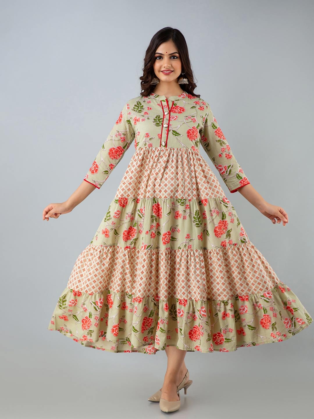 BAESD Floral Printed Mandarin Collar Gathered Tiered Fit & Flare Maxi Ethnic Dress, Beige
BAESD Floral Printed Mandarin Collar Gathered Tiered Fit & Flare Maxi Ethnic Dress, Beige
