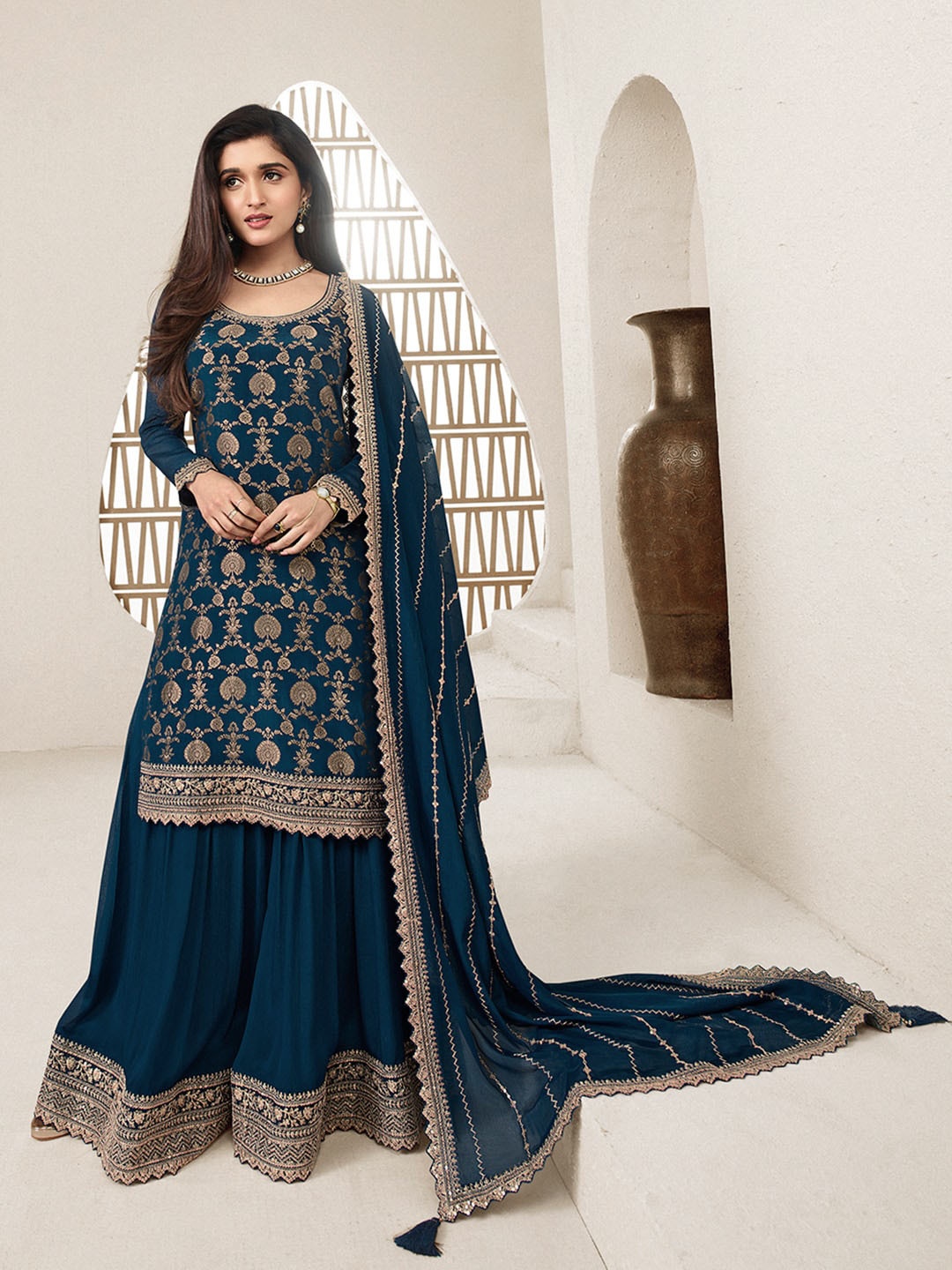 Seerat Ethnic Motifs Woven Design Thread Work Jacquard Kurta with Sharara & Dupatta, Navy blue
Seerat Ethnic Motifs Woven Design Thread Work Jacquard Kurta with Sharara & Dupatta, Navy blue