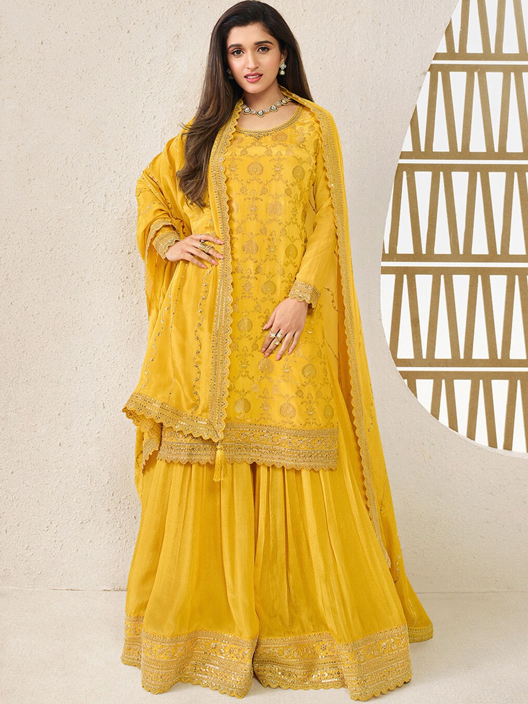 Seerat Ethnic Motifs Woven Design Thread Work Jacquard Kurta with Sharara & Dupatta, Yellow
Seerat Ethnic Motifs Woven Design Thread Work Jacquard Kurta with Sharara & Dupatta, Yellow