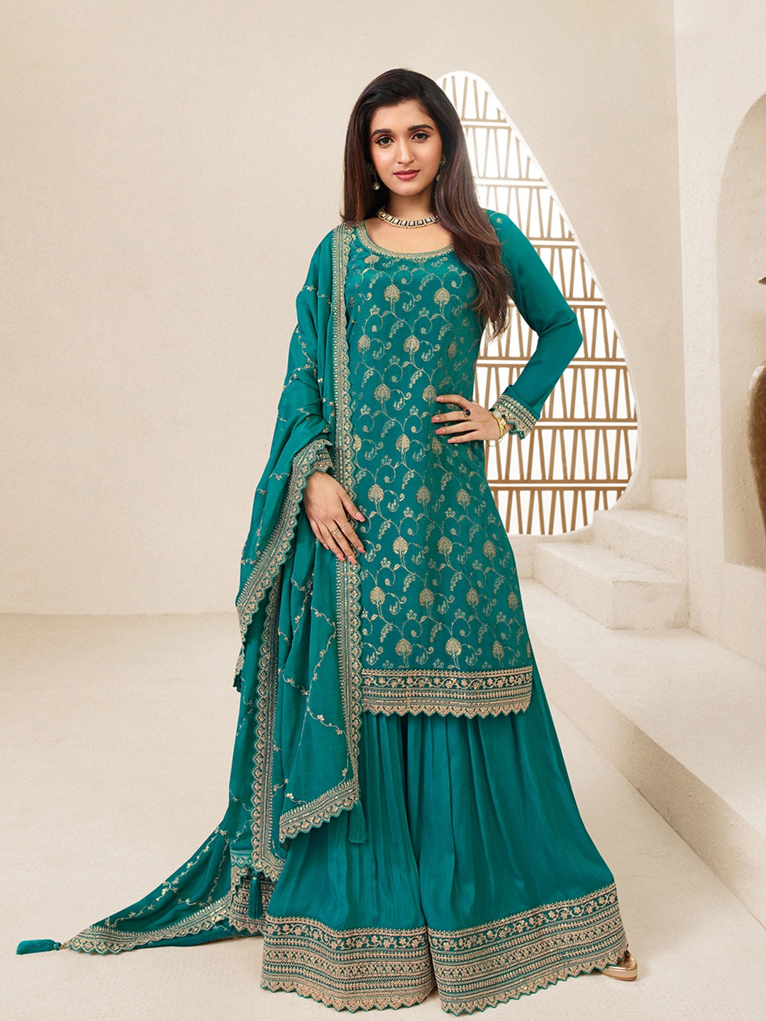 Seerat Ethnic Motifs Woven Design Thread Work Jacquard Kurta with Sharara & Dupatta, Green
Seerat Ethnic Motifs Woven Design Thread Work Jacquard Kurta with Sharara & Dupatta, Green