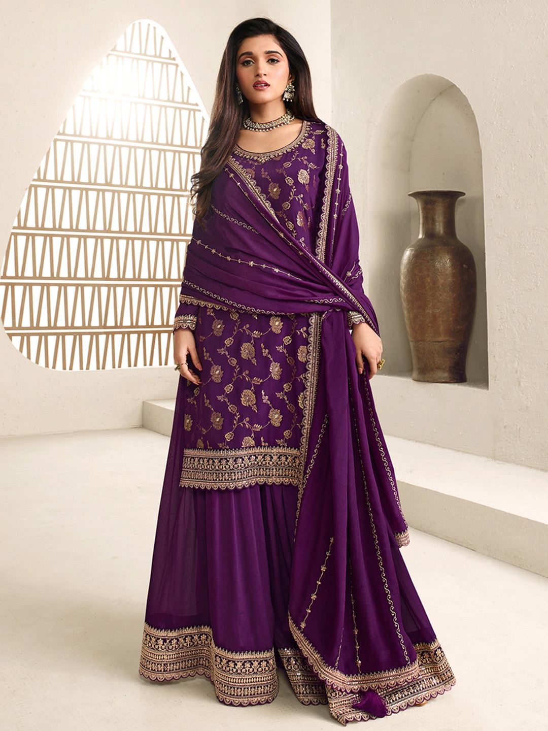 Seerat Ethnic Motifs Woven Design Thread Work Jacquard Kurta with Sharara & Dupatta, Purple
Seerat Ethnic Motifs Woven Design Thread Work Jacquard Kurta with Sharara & Dupatta, Purple