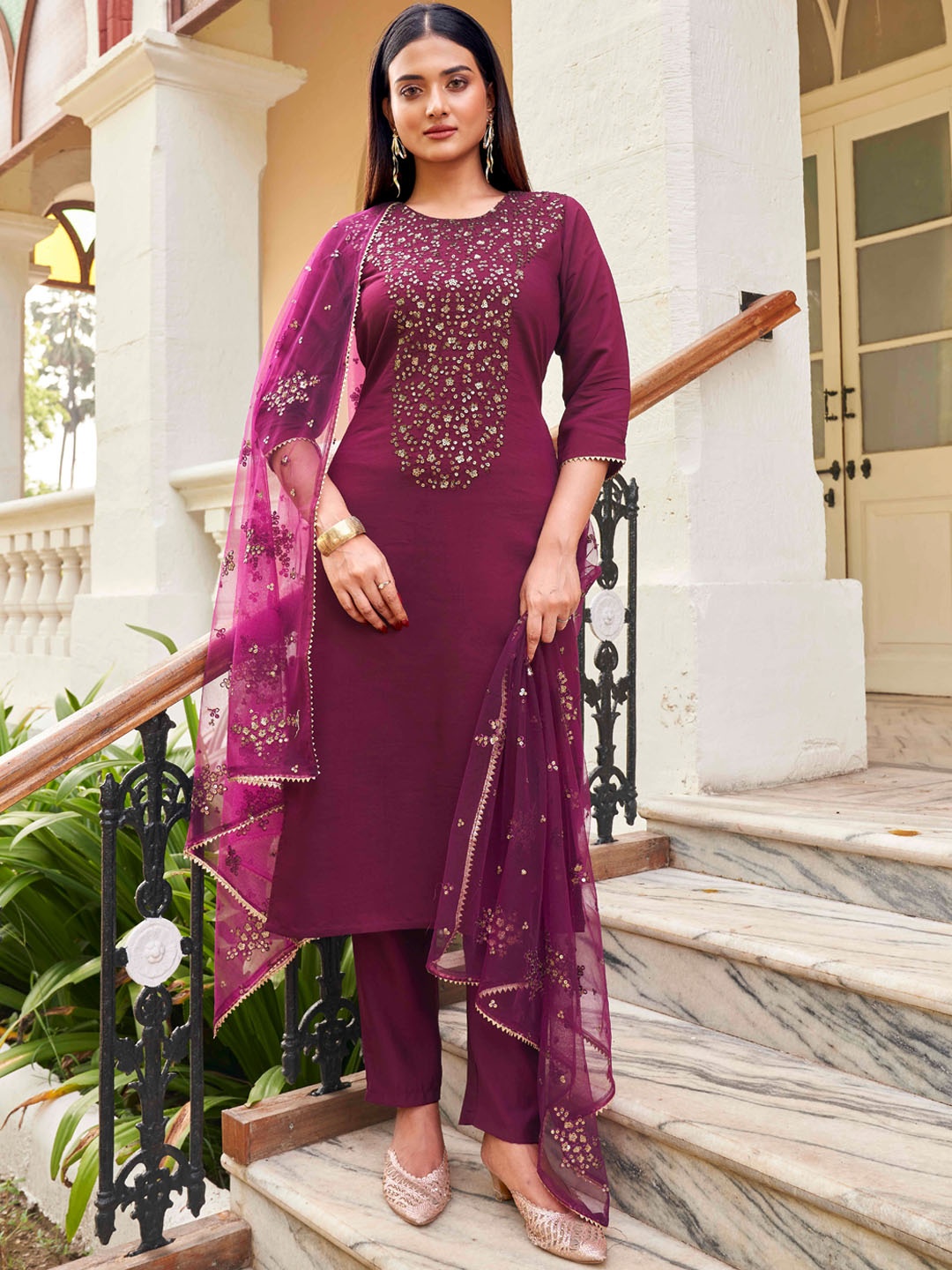 Tikhi Imli Embroidered Sequinned Round Neck Straight Kurta & Trousers With Dupatta, Burgundy
Tikhi Imli Embroidered Sequinned Round Neck Straight Kurta & Trousers With Dupatta, Burgundy