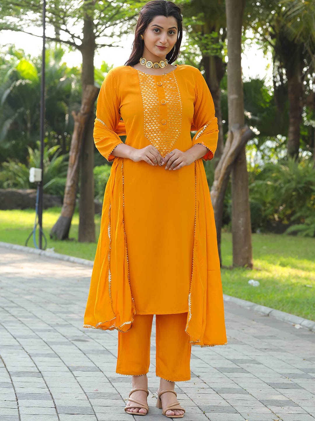 Tikhi Imli Geometric Yoke Embroidered Mirror Work Straight Kurta & Trousers With Dupatta, Yellow
Tikhi Imli Geometric Yoke Embroidered Mirror Work Straight Kurta & Trousers With Dupatta, Yellow