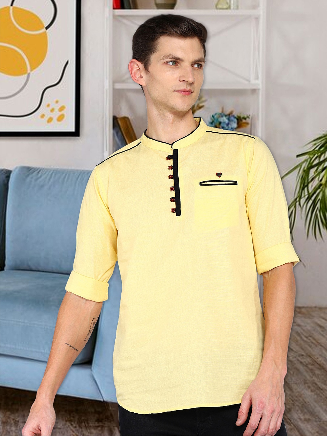Kuons Avenue Linen Cotton Mandarin Collar Roll Up Sleeves Pathani Short Straight Kurta, Yellow
Kuons Avenue Linen Cotton Mandarin Collar Roll Up Sleeves Pathani Short Straight Kurta, Yellow
