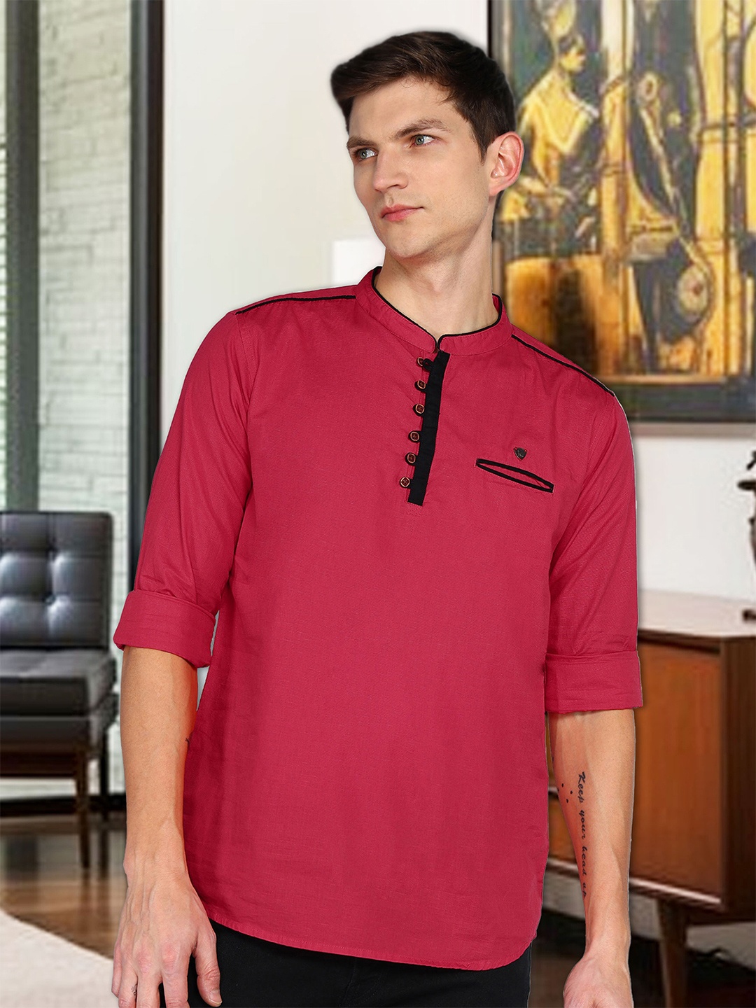 Kuons Avenue Linen Cotton Mandarin Collar Roll Up Sleeve Pathani Short Straight Kurta, Pink
Kuons Avenue Linen Cotton Mandarin Collar Roll Up Sleeve Pathani Short Straight Kurta, Pink
