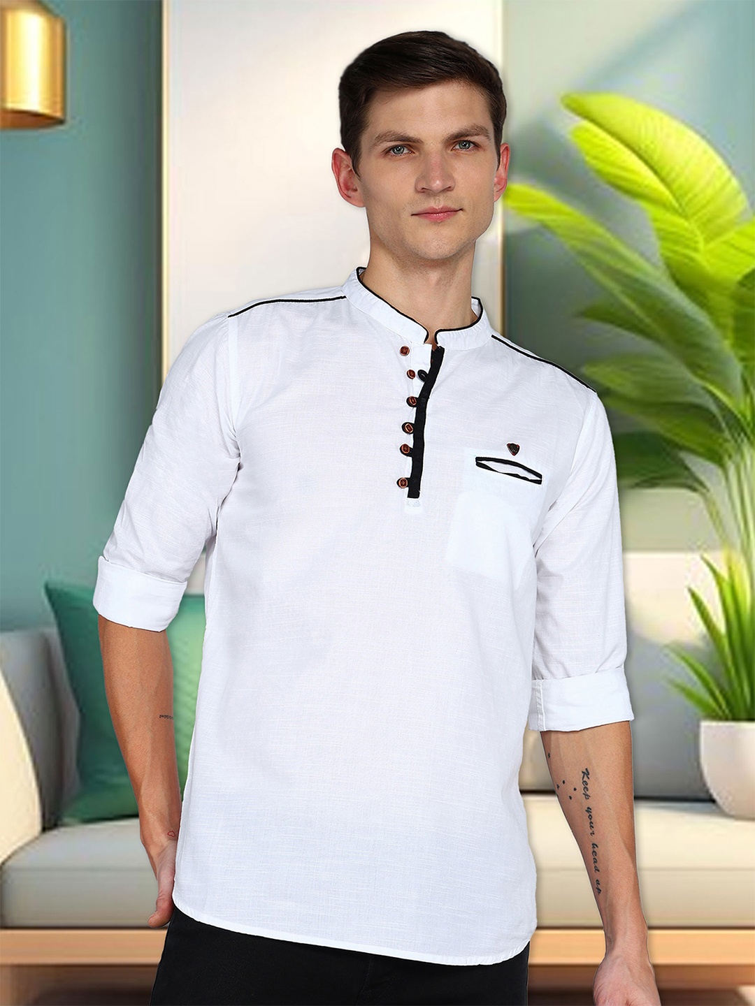 Kuons Avenue Linen Cotton Mandarin Collar Roll Up Sleeves Pathani Short Straight Kurta, White
Kuons Avenue Linen Cotton Mandarin Collar Roll Up Sleeves Pathani Short Straight Kurta, White