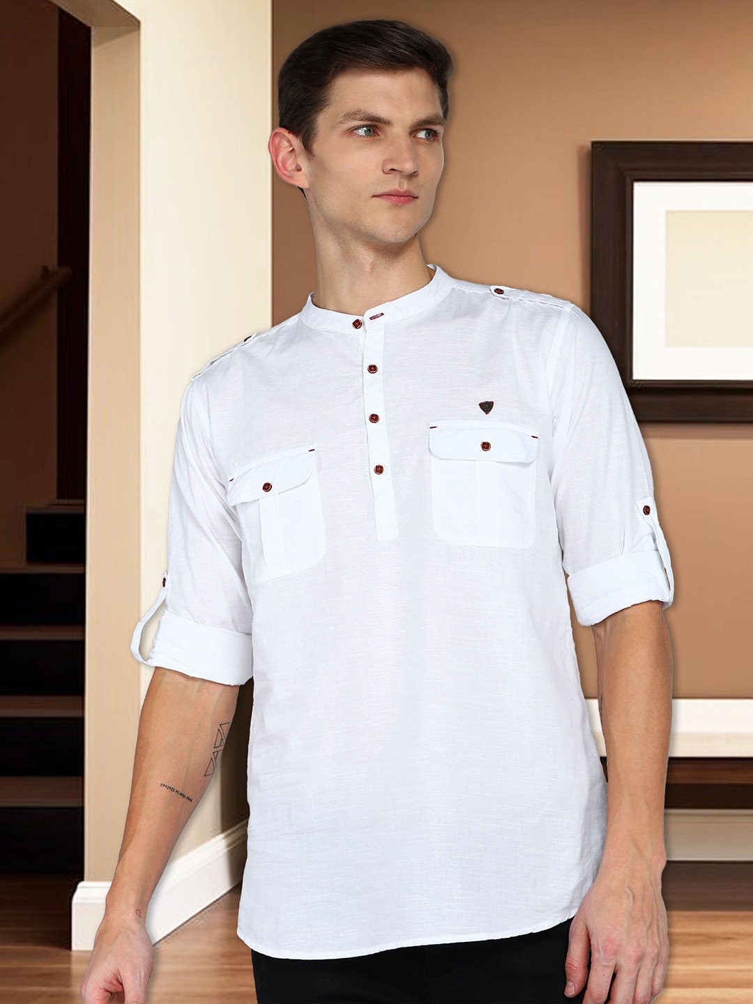 Kuons Avenue Linen Cotton Mandarin Collar Roll Up Sleeve Pathani Short Straight Kurta, White
Kuons Avenue Linen Cotton Mandarin Collar Roll Up Sleeve Pathani Short Straight Kurta, White