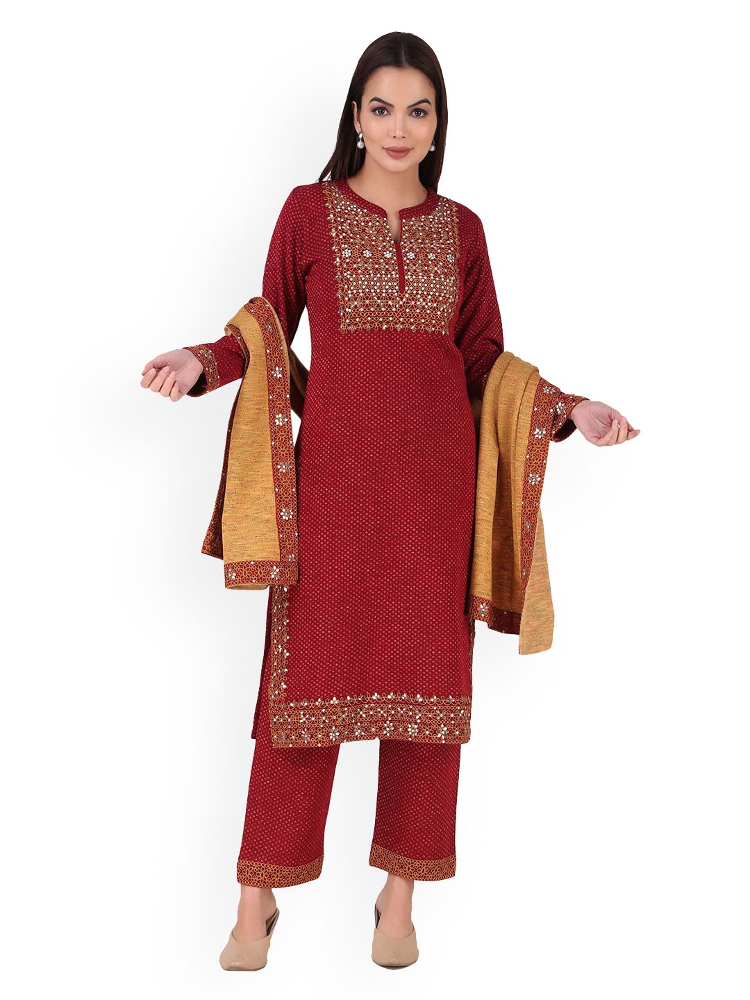 Elthia Ethnic Motifs Yoke Design Band Collar Thread Work Kurta with Trousers & Dupatta, Maroon
Elthia Ethnic Motifs Yoke Design Band Collar Thread Work Kurta with Trousers & Dupatta, Maroon