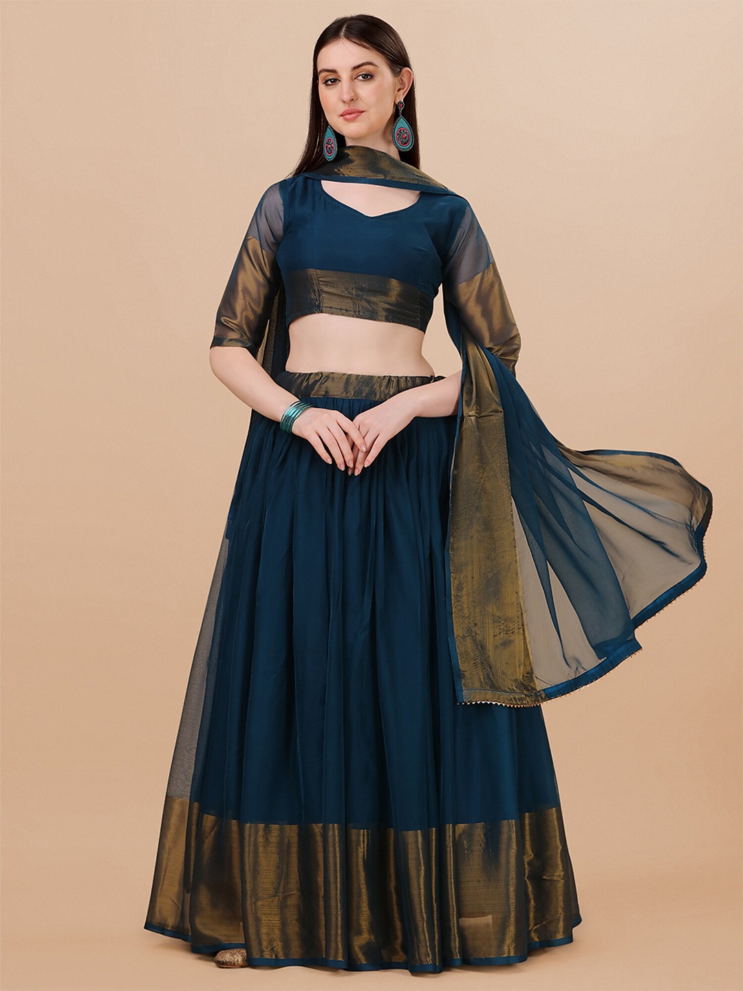 N N ENTERPRISE Silk Chiffon Zari Semi Stitched Lehenga & Unstitched Blouse With Dupatta, Teal
N N ENTERPRISE Silk Chiffon Zari Semi Stitched Lehenga & Unstitched Blouse With Dupatta, Teal