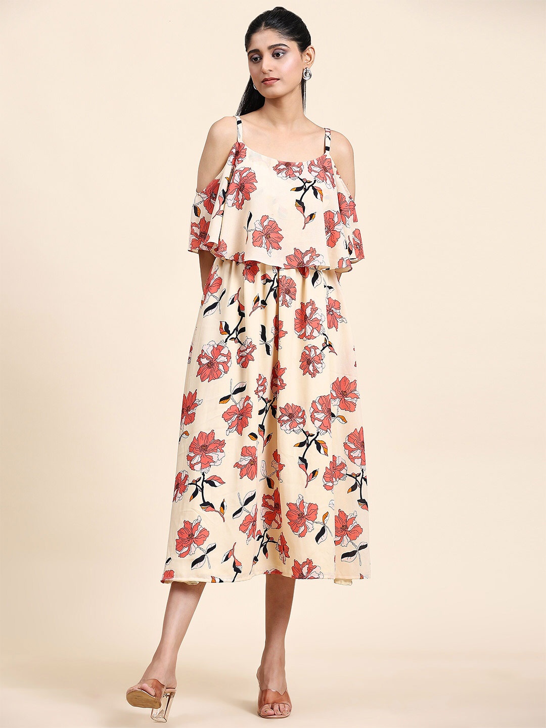 BAESD Floral Printed Shoulder Straps Cold-Shoulder Ruffled Georgette A-Line Midi Dress, Cream
BAESD Floral Printed Shoulder Straps Cold-Shoulder Ruffled Georgette A-Line Midi Dress, Cream