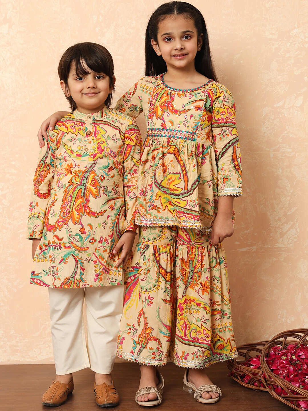 Readiprint Girls Floral Printed Mirror Work Pure Cotton Kurti With Sharara, Beige
Readiprint Girls Floral Printed Mirror Work Pure Cotton Kurti With Sharara, Beige