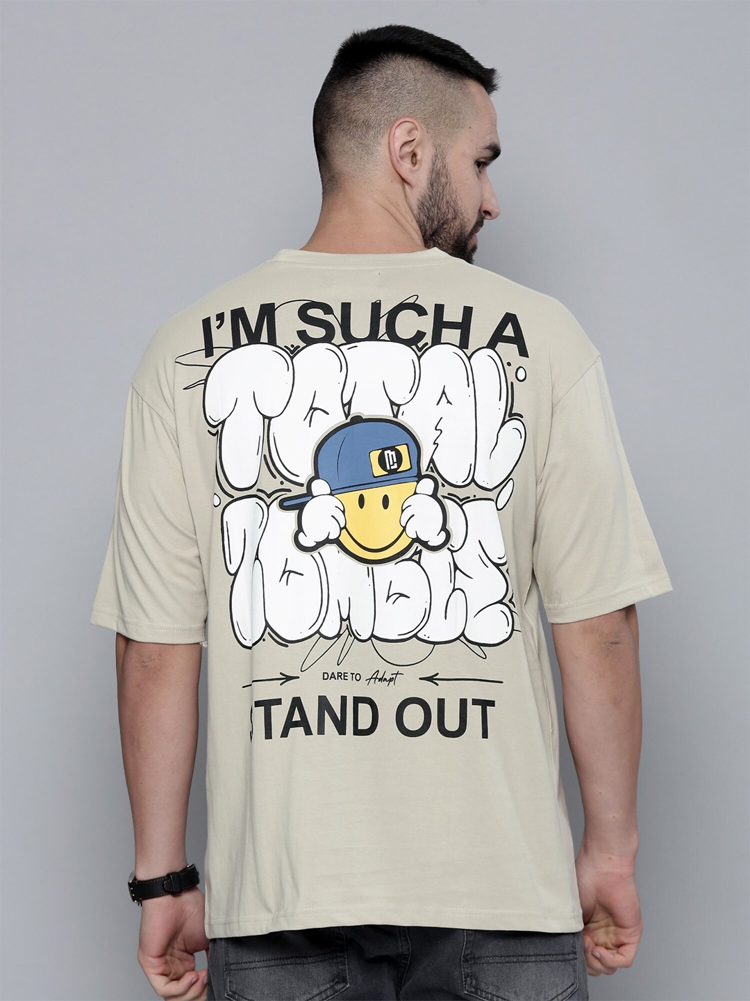 Maniac Typography Printed Drop Shoulder Oversized Cotton T-shirt, Beige