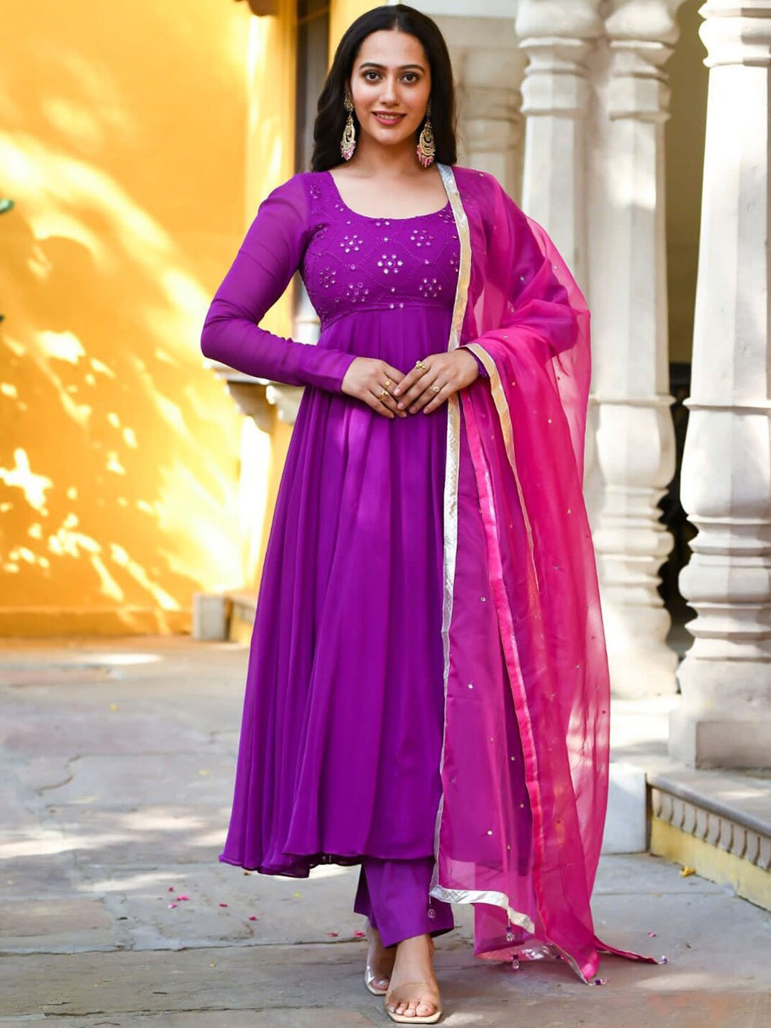 KALINI Floral Embroidered Long Sleeves Mirror Work Anarkali Kurta With Dupatta, Purple
KALINI Floral Embroidered Long Sleeves Mirror Work Anarkali Kurta With Dupatta, Purple