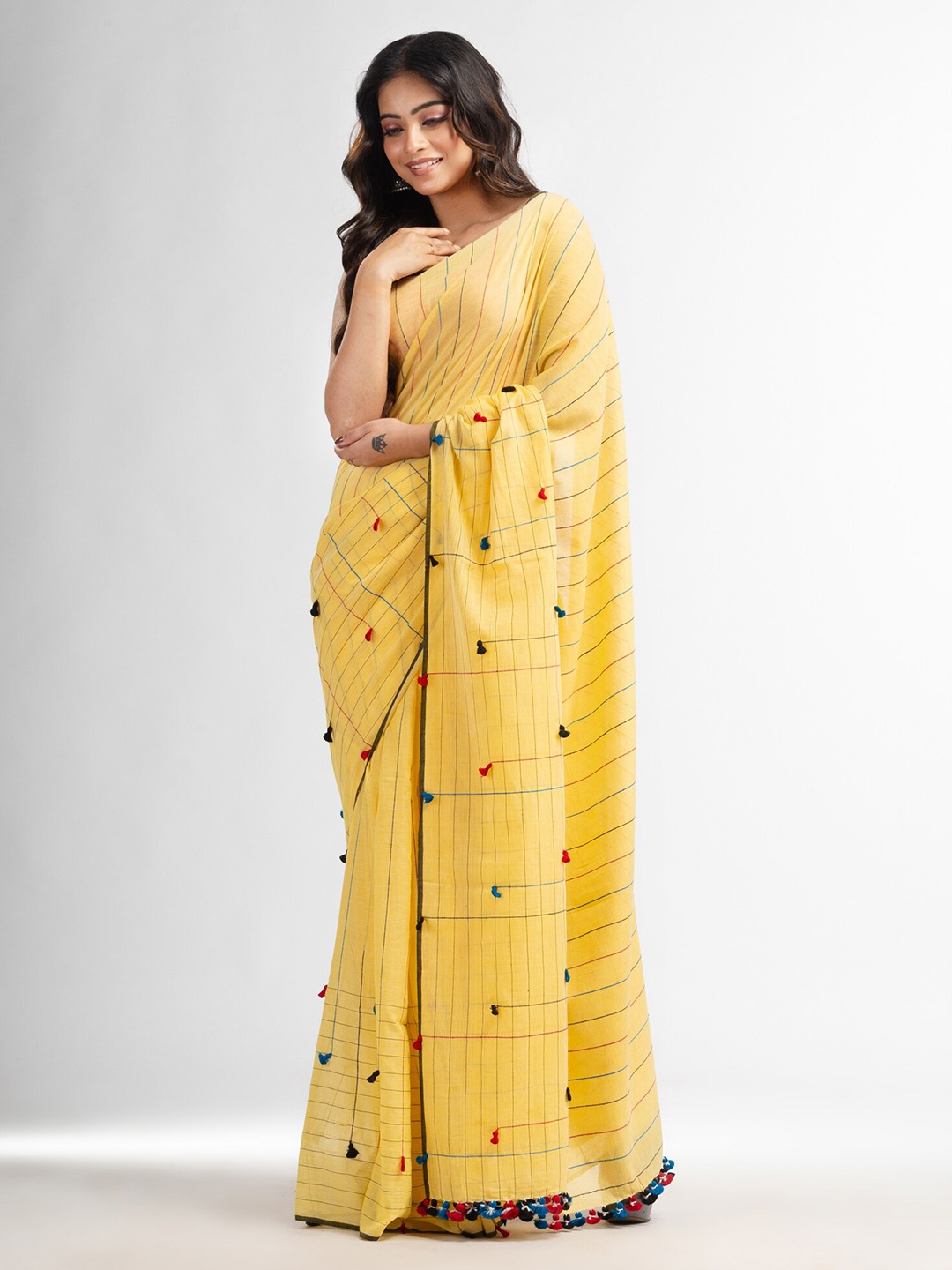 Angoshobha Striped Pure Cotton Saree, Yellow