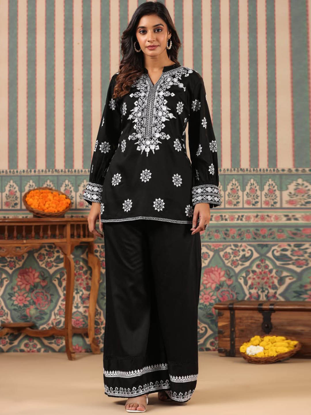 KAJREE Ethnic Motifs Embroidered Mandarin Collar Pure Cotton Kurti With Palazzos, Black
KAJREE Ethnic Motifs Embroidered Mandarin Collar Pure Cotton Kurti With Palazzos, Black