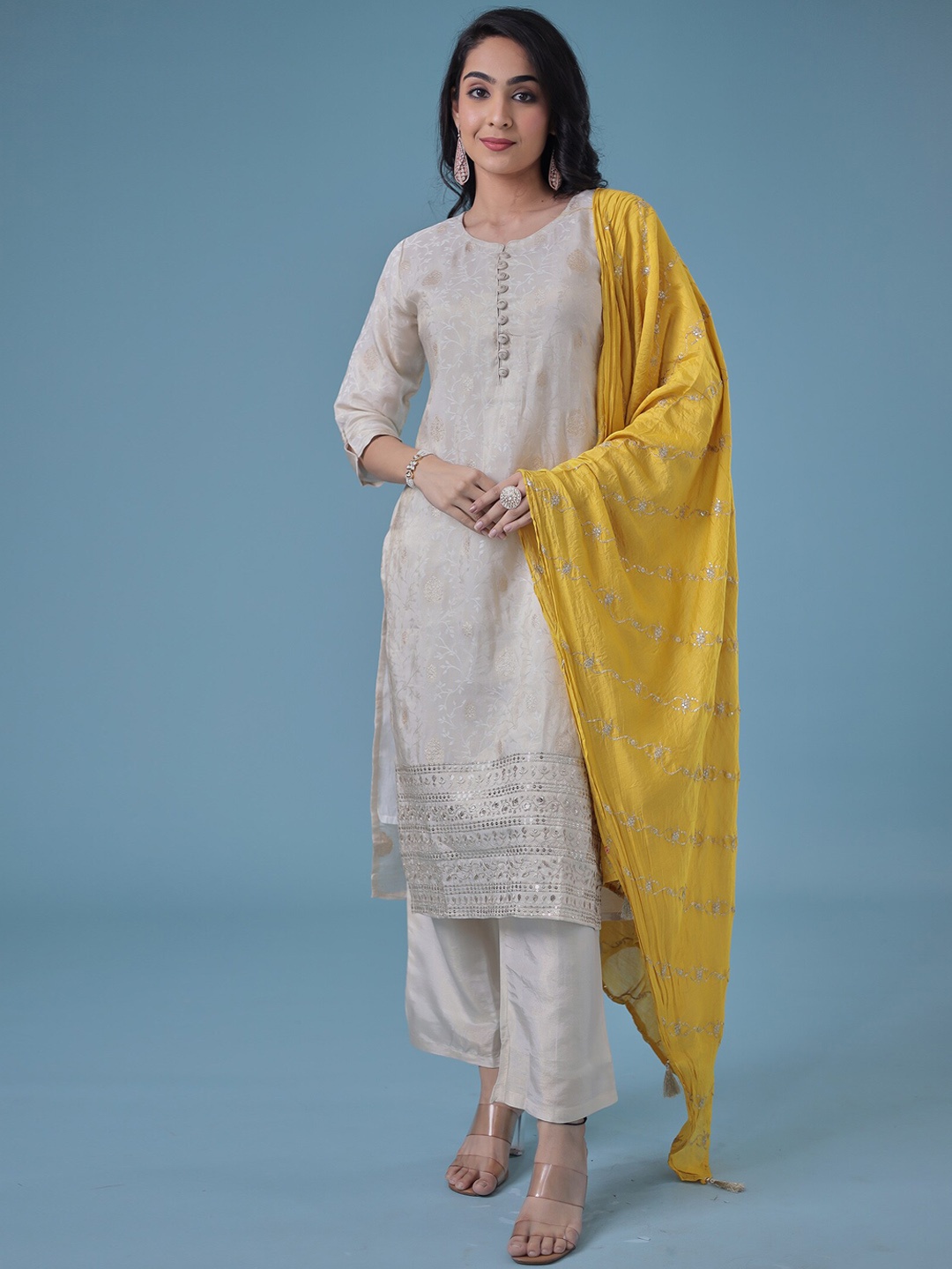 ZARI Ethnic Motifs Woven Design Zari Cotton Silk Kurta With Trousers & Dupatta, White
ZARI Ethnic Motifs Woven Design Zari Cotton Silk Kurta With Trousers & Dupatta, White