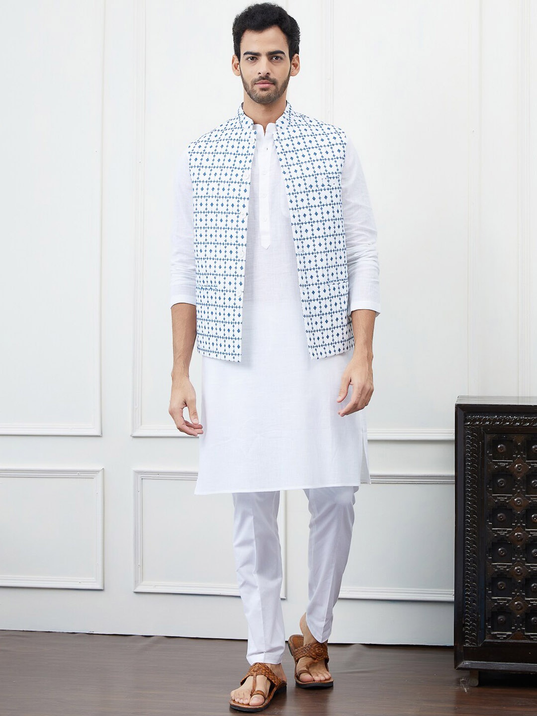 See Designs Mandarin Collar Pure Cotton Kurta with Pyjama & Woven Design Nehru jacket, White
See Designs Mandarin Collar Pure Cotton Kurta with Pyjama & Woven Design Nehru jacket, White