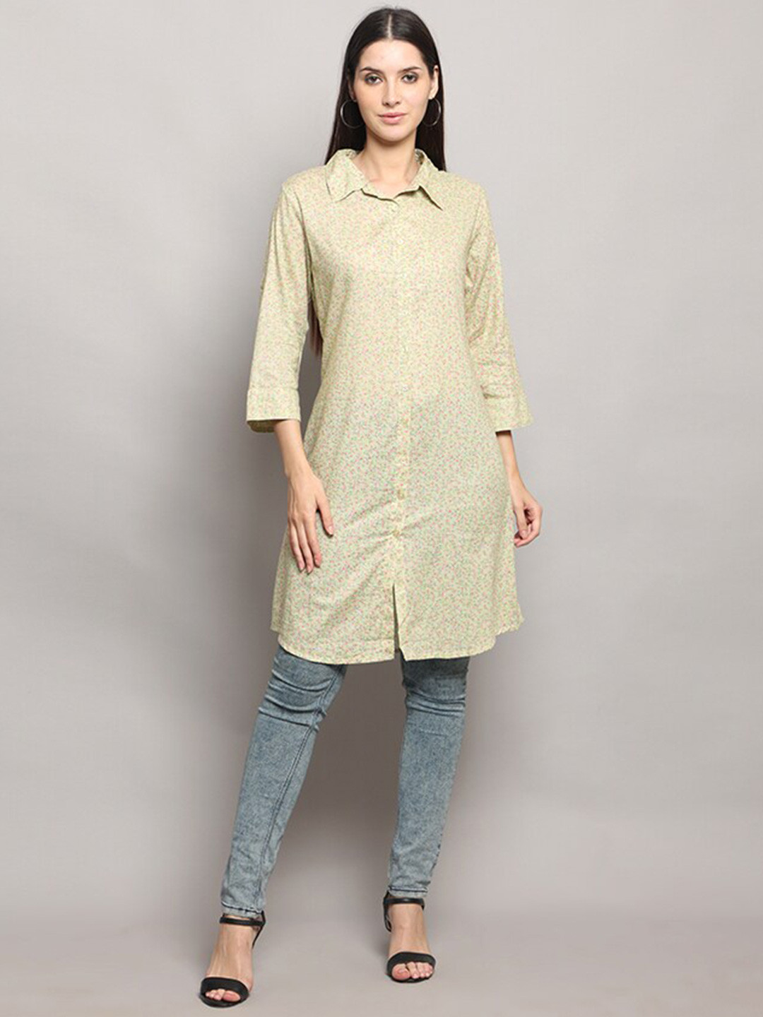 MAIYEE Floral Printed Shirt Collar Pure Cotton A Line Tunics, Green 
MAIYEE Floral Printed Shirt Collar Pure Cotton A Line Tunics, Green