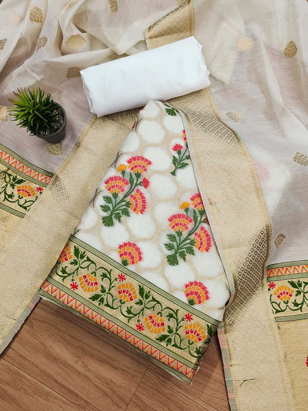 Panzora Ethnic Motifs Woven Design Zari Cotton Silk Unstitched Dress Material, White
Panzora Ethnic Motifs Woven Design Zari Cotton Silk Unstitched Dress Material, White