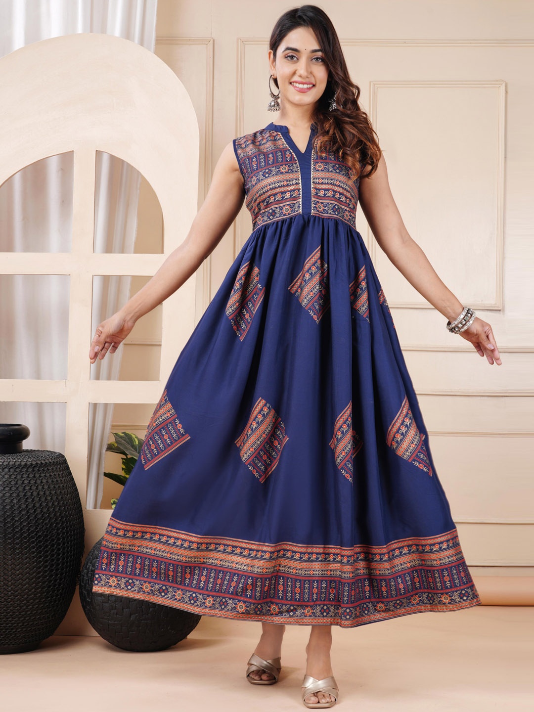 KALINI Ethnic Motifs Printed Mandarin Collar Sleeveless Fit & Flare Ethnic Dress, Blue
KALINI Ethnic Motifs Printed Mandarin Collar Sleeveless Fit & Flare Ethnic Dress, Blue