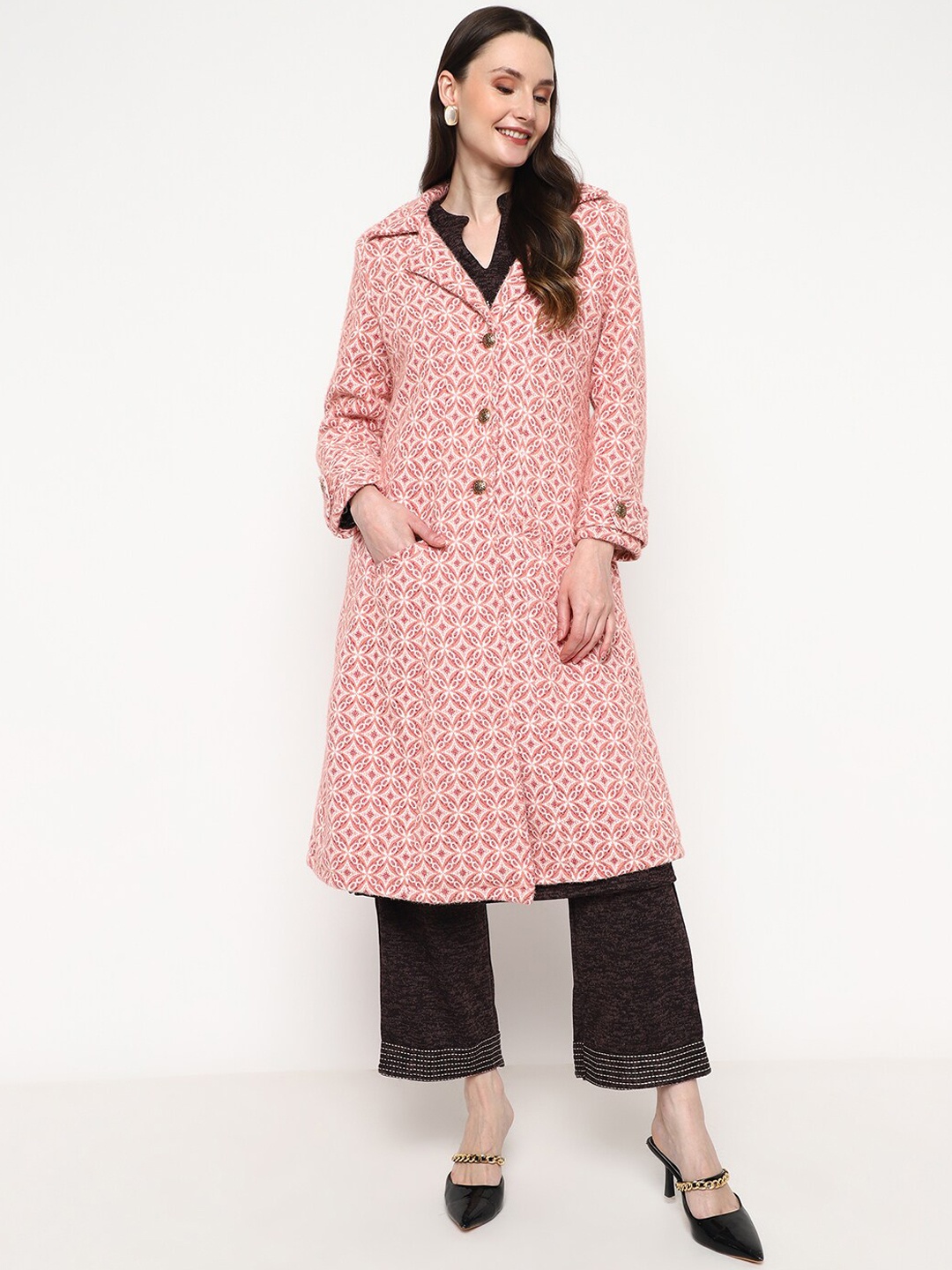 Be Indi Ethnic Motifs Self Design Notched Lapel Collar Acrylic Longline Overcoat, Peach
Be Indi Ethnic Motifs Self Design Notched Lapel Collar Acrylic Longline Overcoat, Peach