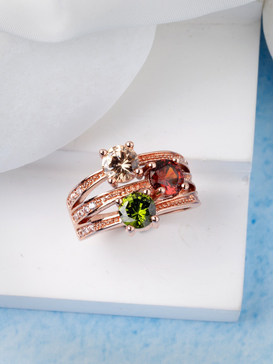 Scintillare By Sukkhi Rhodium Plated Crystals Stones Studded Finger Ring, Rose gold