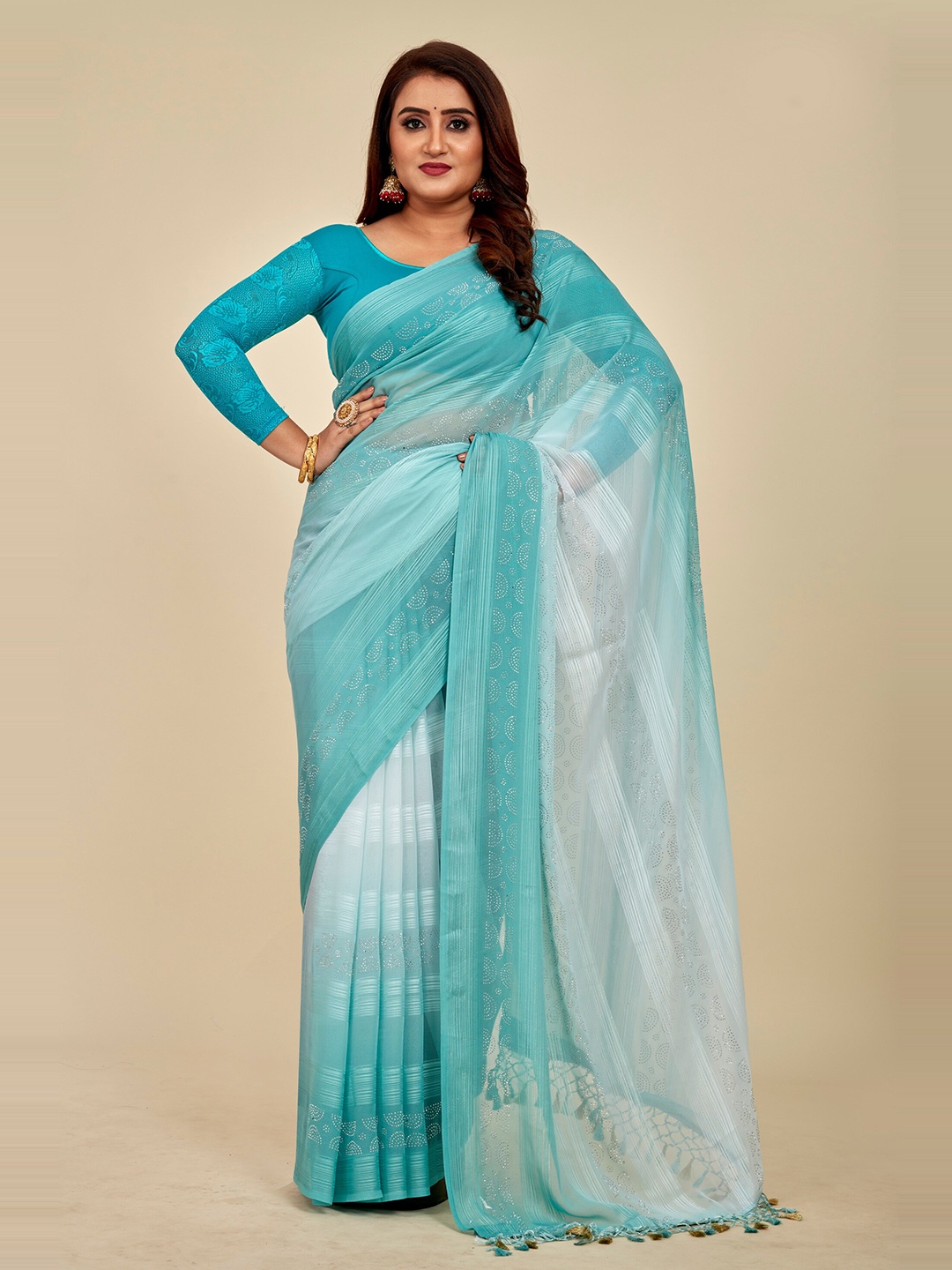 MAHALASA Embellished Embroidered Silk Cotton Saree, Blue