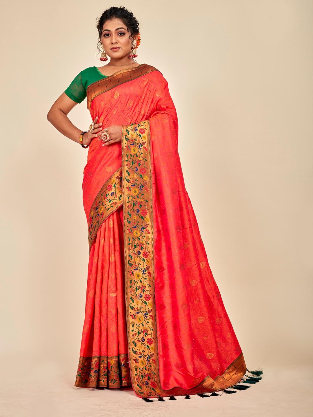 MAHALASA Floral Woven Design Zari Silk Cotton Saree, Pink